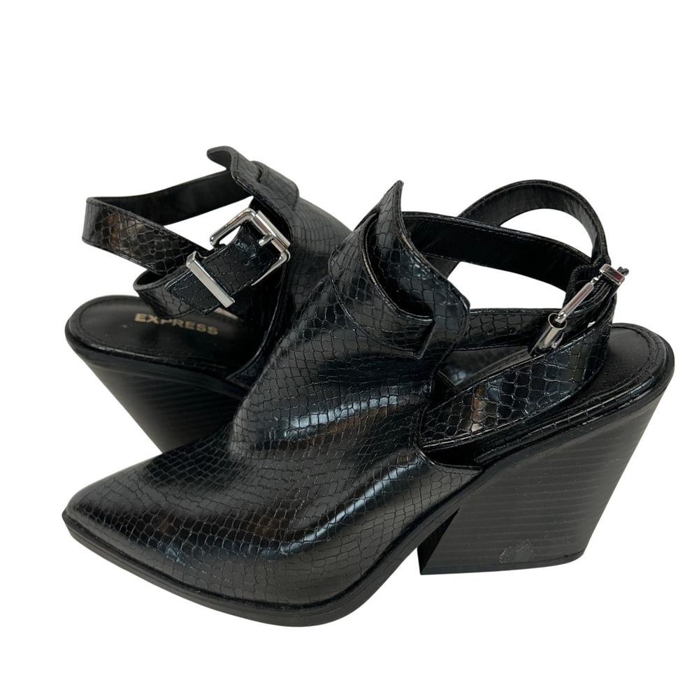 Express Black Snakeskin Type Embossed Pointed Toe Slingback Block Heel Booties 6